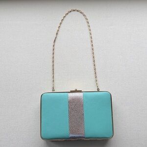 J.McLaughlin Aqua and Metallic Stripe Evening Clutch with strap